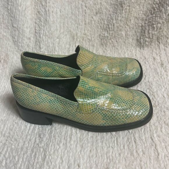 MABOU leather snake skin print Green and Yellow Loafers Block heels SZ8 main image 8